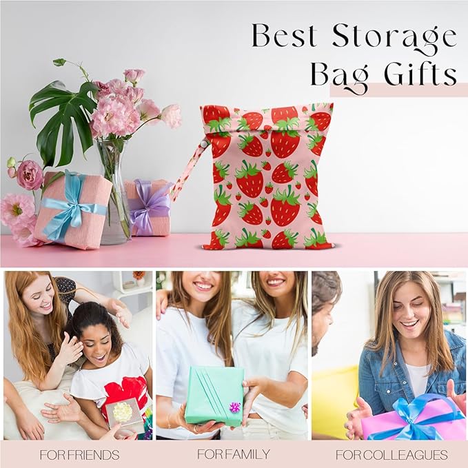 Wet Bag, Wet Dry Bag, Waterproof Swim Bags, Machine Washable Reusable Bags for Beach, Pool, Diapers, and Dirty Yoga Gym Clothes(Pink & Red Strawberry Print