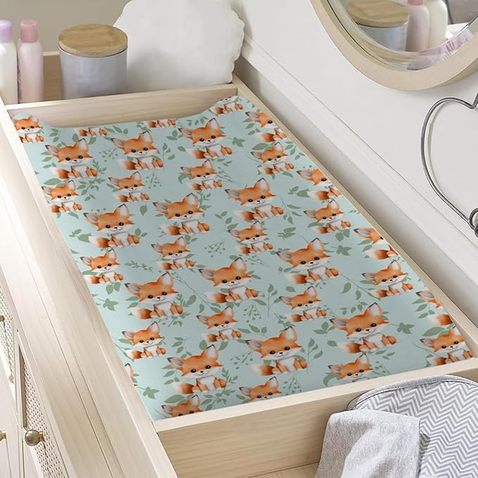 Cute Animals Changing Pad Covers Baby Fox Animal Retro Green Leaves Diaper Change Table Sheets for Girl Boy Soft Stretch Fitted Changing Table Pad Mat Cover 32''x16''