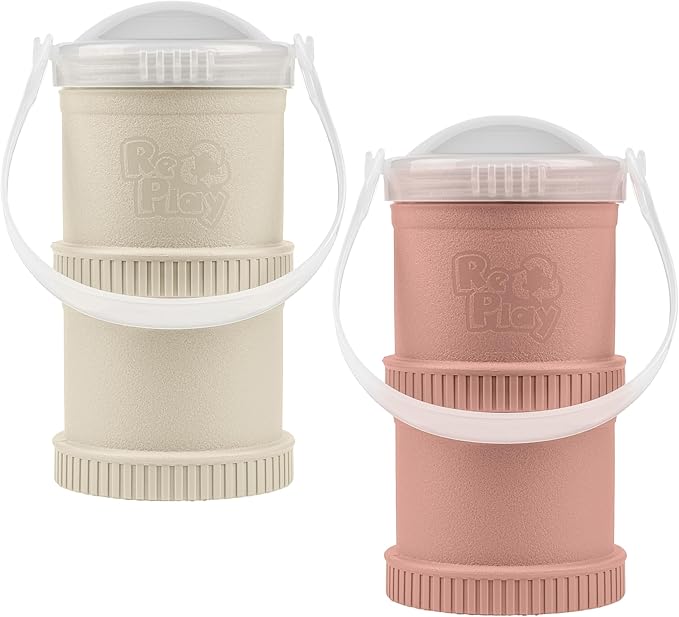 Re-Play Snack Stack Toddler Containers, 2 Sets - Stackable Cups with Travel Lid & Strap for On-the-Go, BPA-Free, Made in USA, Sand/Desert