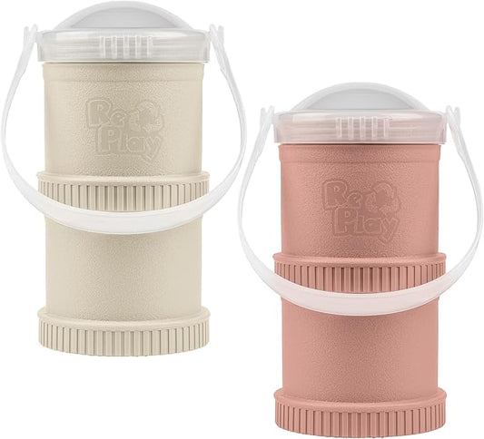 Re-Play Snack Stack Toddler Containers, 2 Sets - Stackable Cups with Travel Lid & Strap for On-the-Go, BPA-Free, Made in USA, Sand/Desert