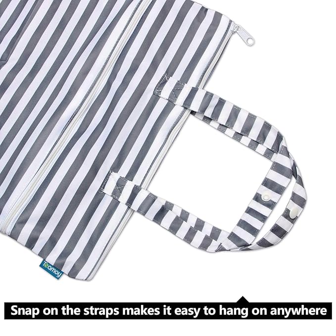 Teamoy Travel Hanging Wet Dry Bag Organizer (17.3 x 13.4 inches) with Two Compartments for Cloth Diaper, Laundry, Swimsuits and More, Easy to Hang Everywhere (M, Gray Strips)
