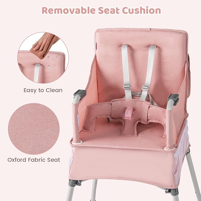 INFANS Baby High Chair, Foldable Portable Highchair for Babies and Toddlers with Travel Bag Adjustable Tray, 5 Point Harness, Compact Space Saver Infant Feeding Chair (Pink)