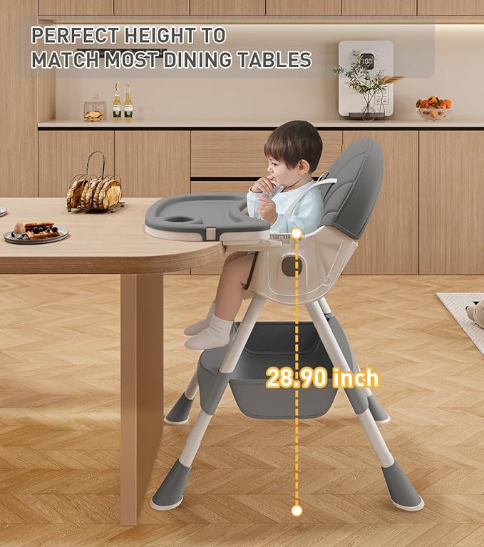 Baby High Chair, 5 in 1 High Chairs for Babies and Toddlers, Travel Foldable High Chair with Detachable PU Cushion, Double Removable Tray, Adjustable Height & Recline, Locking Wheels (Grey)