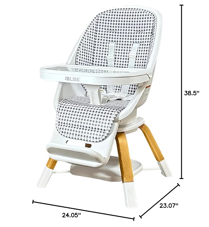 TruBliss Turn-A-Tot High Chair for Babies and Toddlers, 2 in 1 Wooden Portable Baby Feeder or Adjustable Child's Seat with 360 Degree Swivel, Removable Tray, and Pad (Gingham)