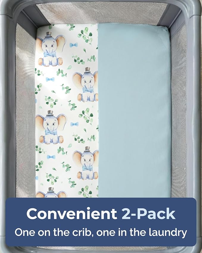 Pack and Play Sheets Fitted - 2 Pack Mini Crib Sheets for Pack N Play Mattress - Unisex Playard Microfiber Bedding for Boys & Girls - Soft, Breathable & Wrinkle Free - Oeko-Tex, 38 x 26in - Elephant