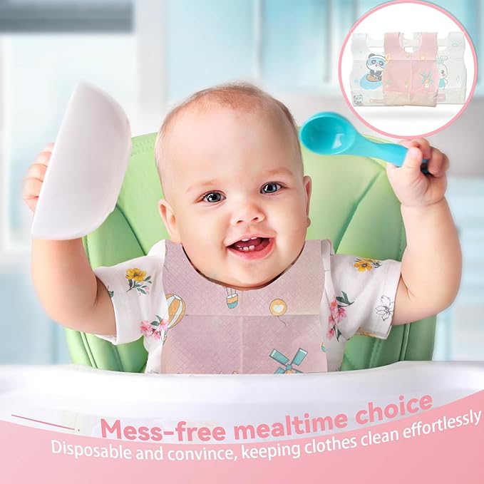 30 Pcs Disposable Bibs, Individually Packaged with Catcher and Leakproof Liner for Toddler Feeding, Baby Travel Essential for Girls