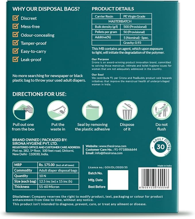 Sirona Disposable Bags for Adult Diapers | Discreet, Locks In Odors, Leak-Proof Adhesive, Environmentally Friendly & Biodegradable | Travel-Friendly Disposal Bags Pack of 30