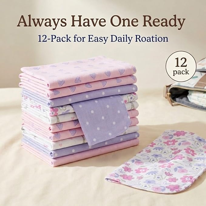 EVERYDAY KIDS 12 Pack Burp Cloths for Baby Girl - Paris, Flowers and Hearts