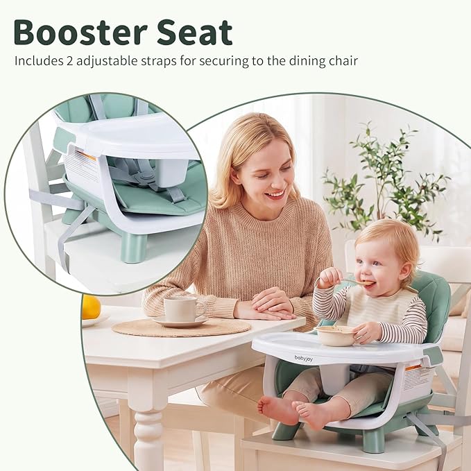 BABY JOY 8-in-1 High Chair, Convertible Wooden Highchairs for Babies and Toddlers | Dining Booster Seat | Toddler Stool, Double Removable Tray, 5-Point Safety Harness & Waterproof PU Cushion (Green)