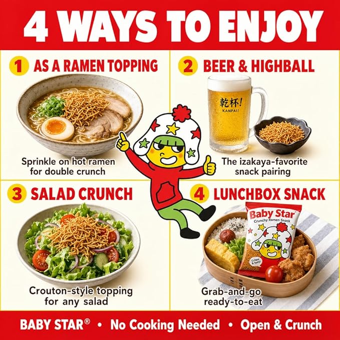 Baby Star Crunchy Ramen Snack Wide Tonkotsu flavor 2.46oz | Delicious Dry Ramen Snack Packs…