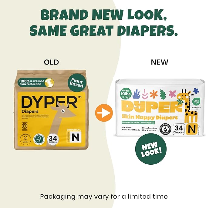 DYPER - Newborn Diapers Size 0 (34Count) - Plant Based Disposable Diapers for Day and Overnight Premium Leak Protection, Skin-Friendly Comfort with Soft Baby Diapers (Under 10 lbs)