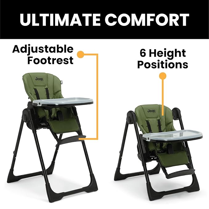 Jeep by Delta Children Classic Convertible 2-in-1 High Chair for Babies and Toddlers with Adjustable Height, Recline & Footrest - Dishwasher Safe Meal Tray, Olive Green
