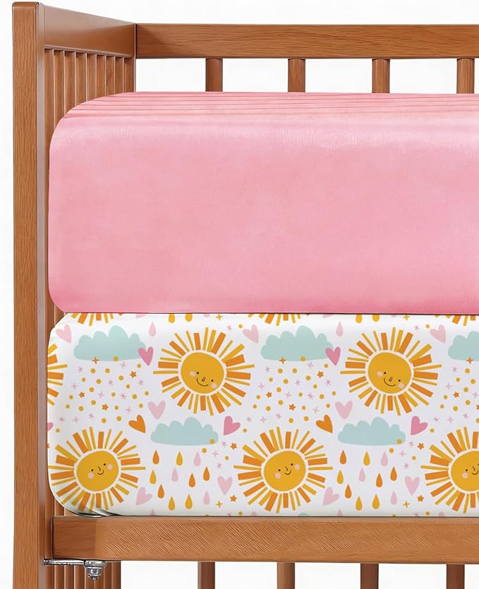 2-Pack Mini Crib Sheets Fitted - Pack N Play Sheets for Pack and Play Mattress - Stretchy Soft Microfiber Playard Bedding - Mini Toddler Bed Cover for Boys & Girls - Oeko-Tex - 38 x 24in, Sunny Drop