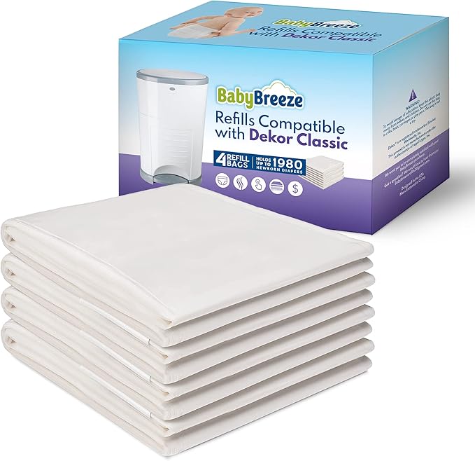 BabyBreeze Diaper Pail Refills Compatible with Dekor Classic – 4 Pack Continuous Refill Bags – Powder Scent Odor Control – Leak Resistant Diaper Disposal Liners – Holds Up to 1980 Diapers