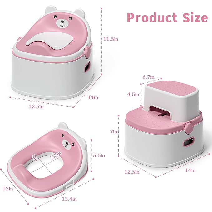 3-in-1 Potty Training Toilet, Portable Potty, Potty Training Seat and Toddler Step Stool, Easy Setup and Clean, Anti-Slip Toddler Potty Trainer for Boy Girl,Pink