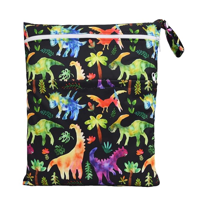 Wet Dry Bag Baby Cloth Diaper Nappy Reusable Washable With Two Zippered Pockets (Dinosaurs Coconut Trees)
