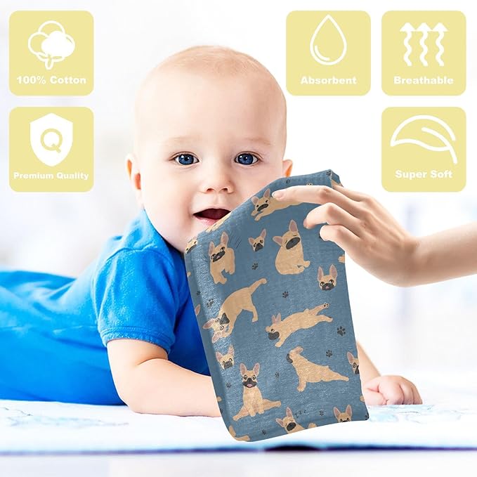 vvfelixl Baby Cotton Washcloths French Bulldog Pug Infants Bath Towel for Unisex Puppy Face Towels for Newborn, Natural Baby Wipes Delicate Skin, 11.8 X 11.8 inch, one sizex3