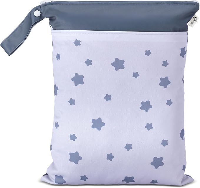 Cloth Diaper Wet Bags – Waterproof & Reusable Bag with 2 Zippered Pockets, 100% Polyester with Handle, Perfect for Stroller, Travel, Baby Essentials & Breast Pump Storage (Blue Star)