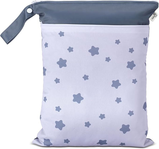 Cloth Diaper Wet Bags – Waterproof & Reusable Bag with 2 Zippered Pockets, 100% Polyester with Handle, Perfect for Stroller, Travel, Baby Essentials & Breast Pump Storage (Blue Star)