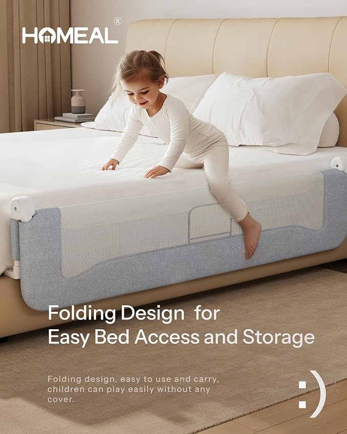 HOMEAL Bed Rail for Toddlers，32" x 26" Grey, Foldable Tall Baby Bed Rail Guard for Easy Use and Storage, U-Shaped Base Width Increased by 4", Suitable for Twin, Full, Queen, King Size Bed