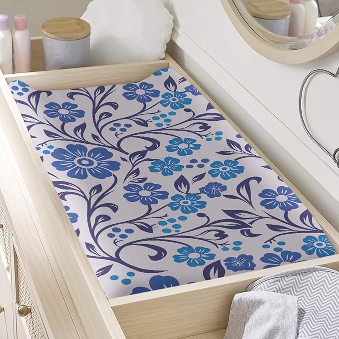 Blue Flower Print Changing Pad Cover for Baby Girls Boys Comfort Diaper Change Table Pad Covers Soft Changing Pad Sheets