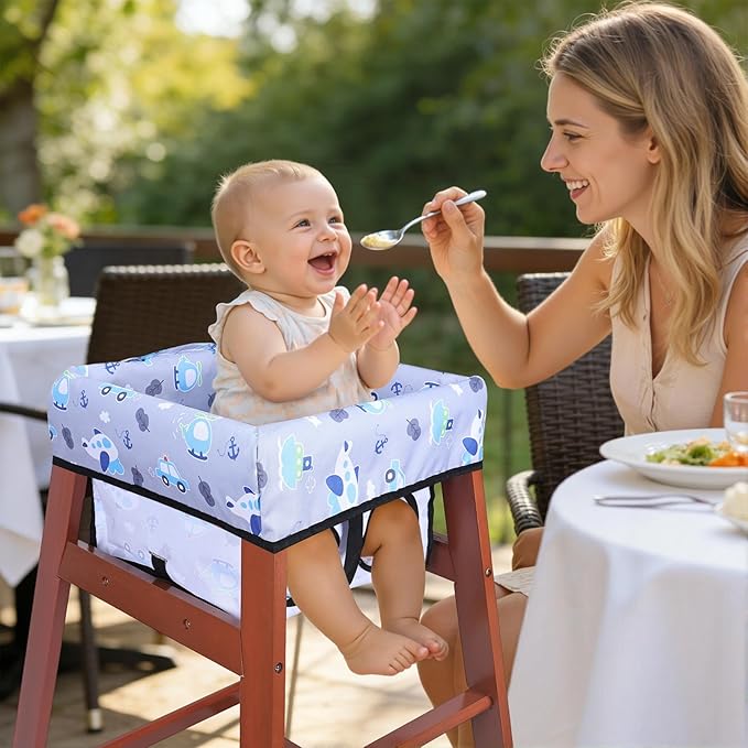 High Chair Cover, Baby High Chair Cover for Restaurants, Waterproof Portable Highchair Covers with 3-Point Harness for Eating, Travel, Home, Machine Washable, Fits Wooden Chairs (Grey)