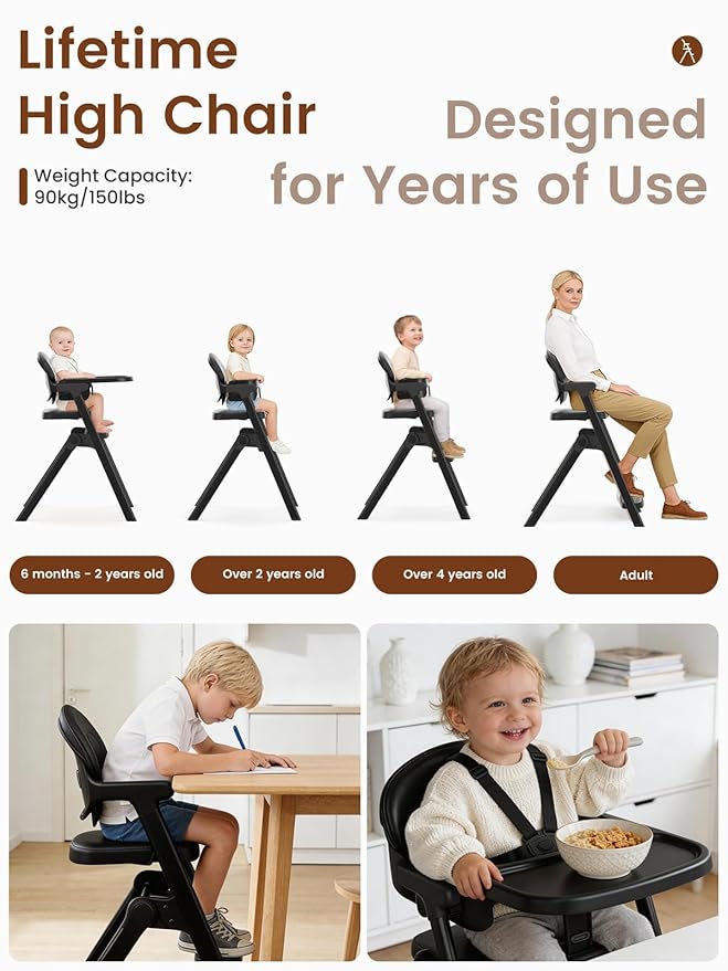 High Chairs for Babies and Toddlers, Baby High Chair Adjustable Height, Dining Chair with Removable Tray, Ergonomic Toddler Feeding Seat, Sturdy & Durable Construction, Black