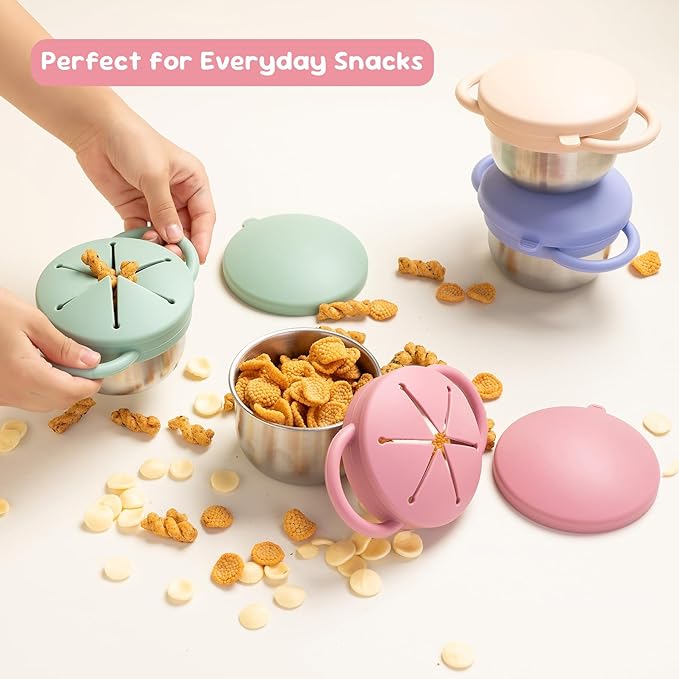 Bufilea 1 Pack Snack Containers for Toddlers, Stainless Steel Toddler Snack Cups with Silicone Food Catcher & Lids,Snack Cups for toddlers Spill Proof