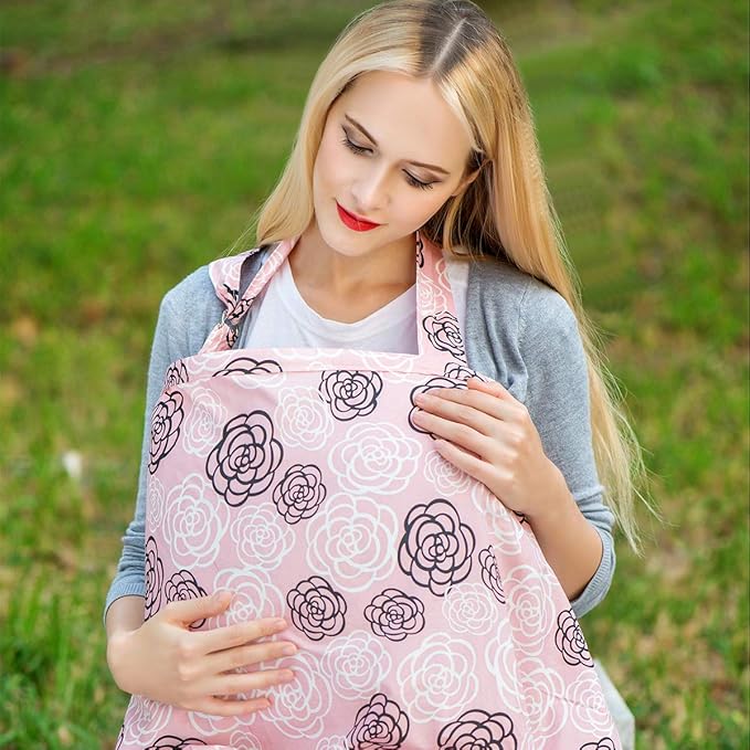 SONARIN Stylish Premium Breastfeeding Nursing Covers,Flower Pattern,with Storage Bag & Towel Corners,4 in 1 Multifunction,Nursing Scarf,Breathable & Lightweight(Pink)
