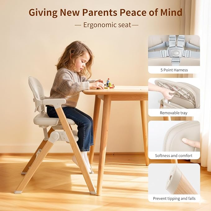 Babilous High Chair, Foldable High Chairs for Babies and Toddlers Ultra Safe for Infant or Adults Up to 150 Lbs, Easy Clean, Removable Tray/Adjustable Footrest for Baby Feeding HighChair, Cream