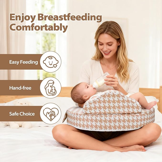 Nursing Pillow -Memory Foam Bottle & Breastfeeding Pillow with Safety Fence -Ergonomic Support, with Wider Breast Feeding Cushion, Adjustable, Removable Cover, Baby Safety Certified Houndstooth