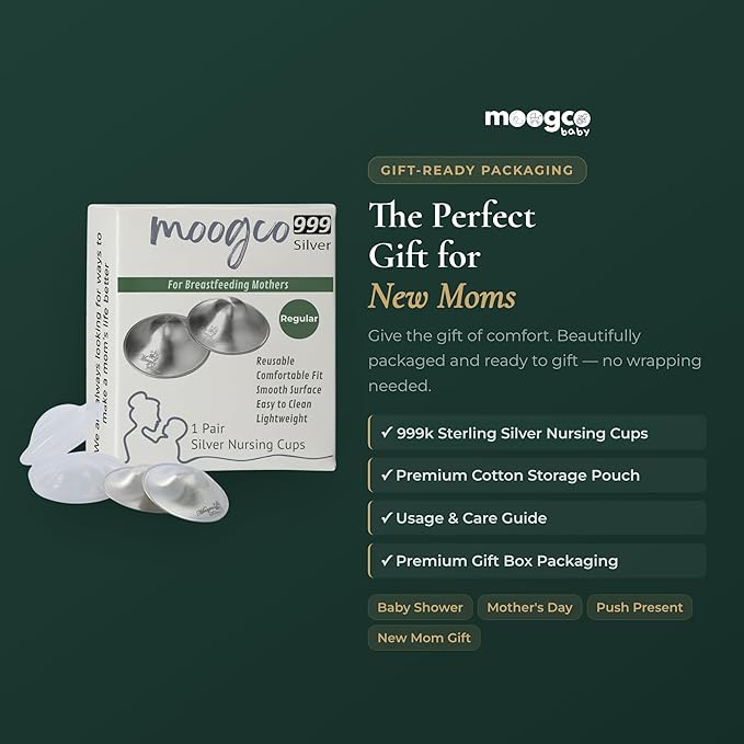 MOOGCO Silver Nursing Cups - 999k Pure Silver Nipple Shields for Breastfeeding - Chemical-Free Nipple Protection (Regular, Set of 2)