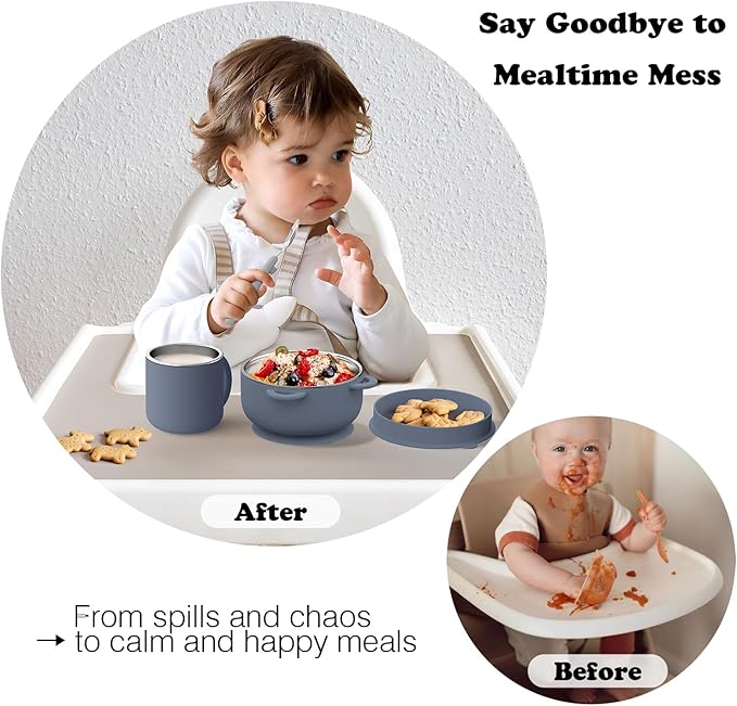 Bakpoco Kids Dinnerware Set - 6 Piese Toddler Plates and Suction Bowls Set with Kids Utensils&Cup, 2 IN 1 Stainless Steel & Silicone Baby Self Feeding Supplies, Navy