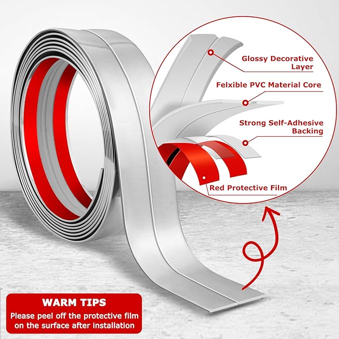 Flexible Wall Corner Protector Moulding Trim Peel and Stick Wall Corner Guards Edge Protector Self Adhesive Molding Trim Strip for Edge Ceiling (Silver, 0.8 in x 40 Ft)