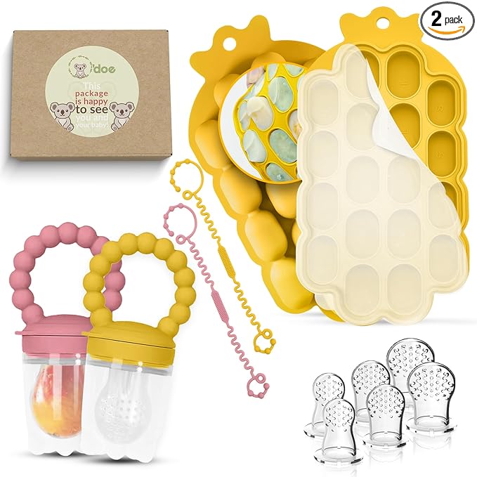 O’doe Silicone Baby Popsicle Molds & 2 Baby Food Feeders with 1 Clip, 1-Pack Freezer Tray with Lid, 18-Hole Popsicle Molds for Teething Relief, Includes 6 Extra Pacifiers, BPA Free