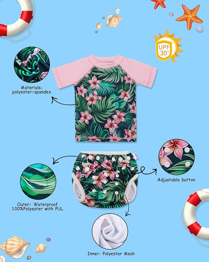 ALVABABY Baby Girl Swimsuit, 2-Piece Infant Toddler Bathing Short Sleeve Swimwear, Large Baby Reusable Swim Diaper with Matching Top