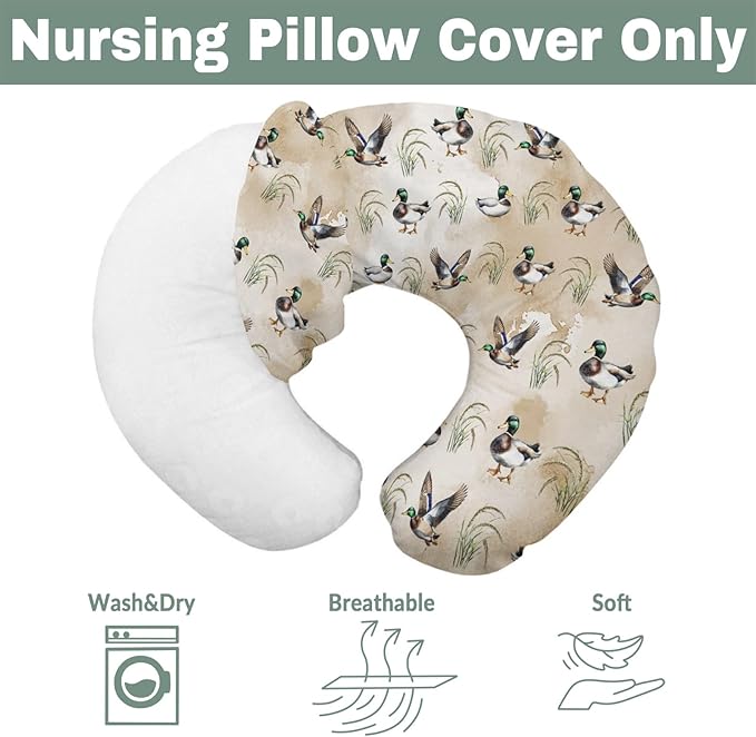 Vintage Mallard Duck Baby Nursing Pillow Covers for Boy Girl Green Ducks Lake Nursery Slipcovers for Breastfeeding Pillows Hunting Ducks Soft Stretchy Removable Cover for Newborn Infant