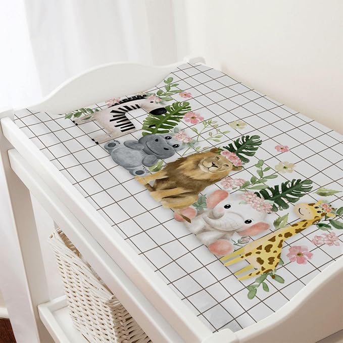 Baby African Safari Animals Changing Pad Cover Lion Elephant Giraffe Hippo Zebra Floral Leaves Baby Changing Table Pad Sheet for Boy Girl Soft Breathable Stretchy Diaper Changing Table Mat 32''x16''