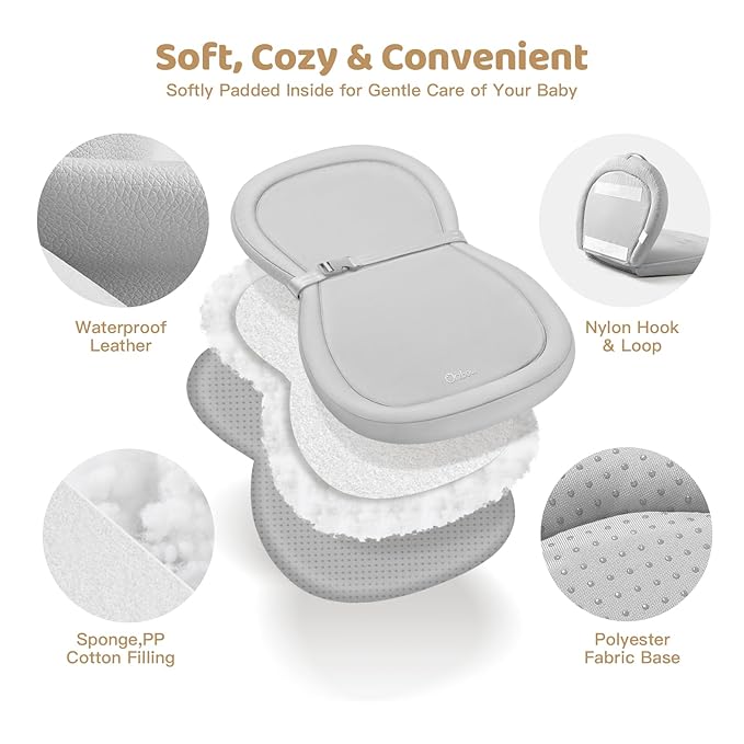 Orzbow Baby Changing Pad, Foldable Diaper Changing Pad for Dresser and Table, Wipeable Changing Pad Easy to Clean, Waterproof PU & Soft Foam Inner, Non-Slip, with Safety Belt, 28" × 19", Gray