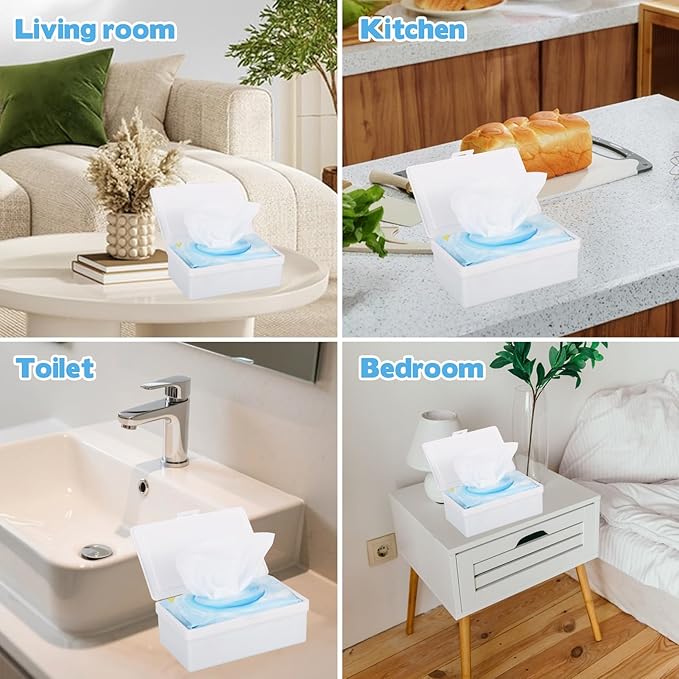 FMOACEN 2 Pack Wipes Dispenser Compatible with Cottonelle Flushable, Refillable Wipe Holder with Sealing Lid, Keeps Wipes Clean and Fresh, Non-Slip Wipe Container White Storage Box for Home Car Office