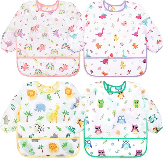 Accmor 4 Pack Long Sleeve Bibs, Baby Smock Waterproof Sleeved Bib Smock for Baby Toddler 6-36 Months