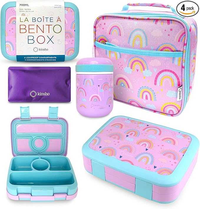 Bento Lunch Box with Thermo for Kids Set, Insulated Lunch Bag with Ice Pack, Stainless Steel Food Jar for Hot Soup, Boxes with 4 Compartments for Girls Toddler Snacks Lunches, Purple Rainbow