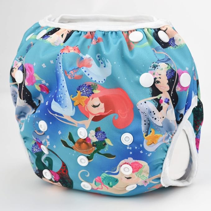 Baby Swim Diaper Nappy Pants Reusable Adjustable 0-3 Years Old Toddler Small Large (Large, Mermaids Turtles)