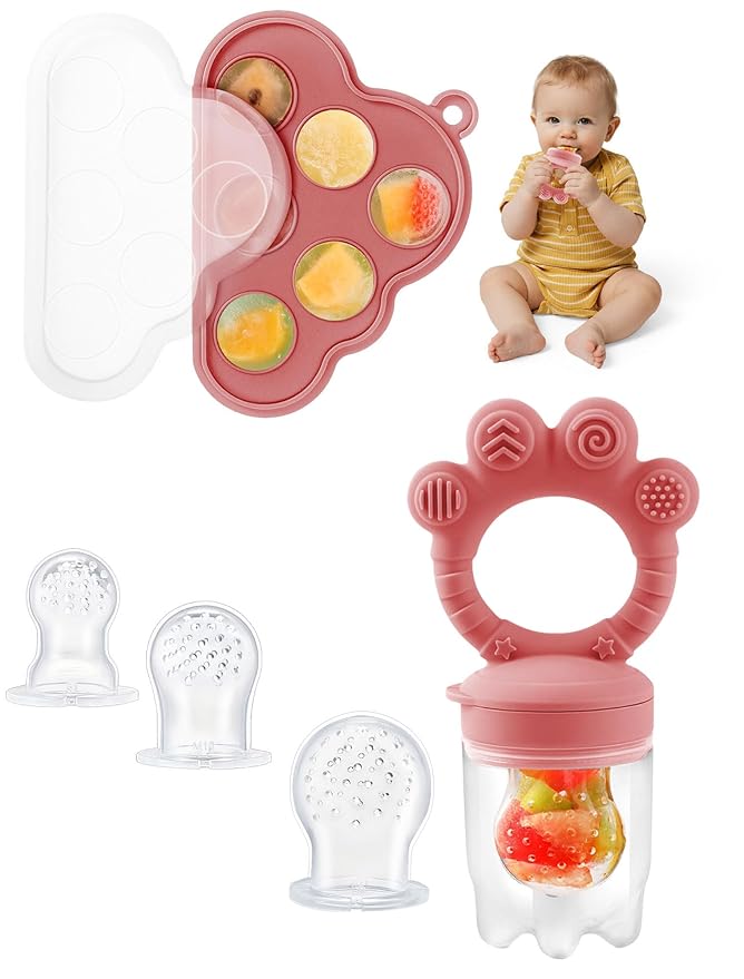 Breastmilk Popsicle Molds & Baby Fruit Food Feeder Pacifier, Silicone Baby Food Storage Containers, Baby Popsicle Molds Teething for Toddler Teething & Infant Self Feeding (Pink)