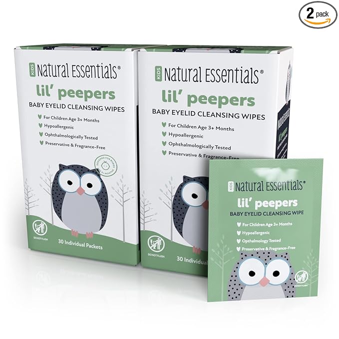 Natural Essentials Lil' Peepers Baby Eye Wipes and Eyelid Cleanser, Preservative-Free & Rinse-Free, Pediatrician Recommended Hypoallergenic Soft Eyelid Wipes for Babies, Kids & Adults, 30 Count (2pk)
