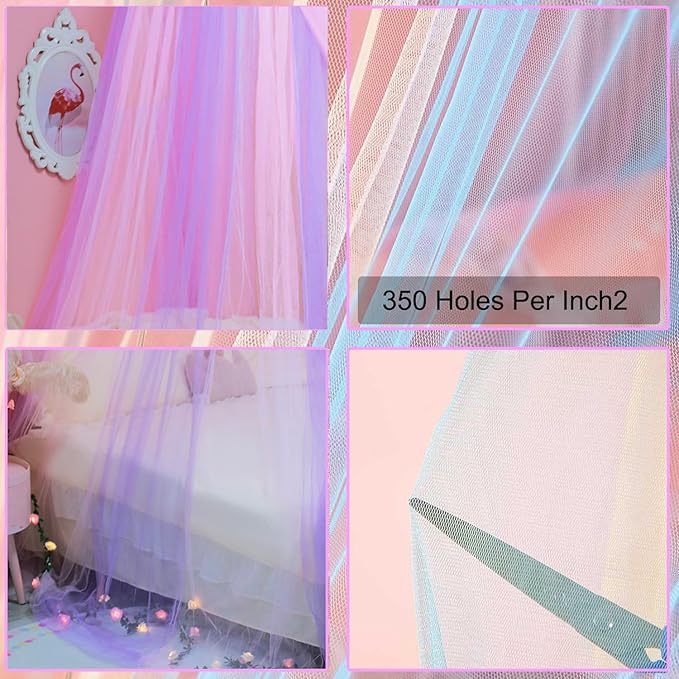 Princess Pink Purple Bed Canopy with Lights for Girls Bed Net,Princess Canopy for Kids Bed Room Decor (Pink Purple+Lights)