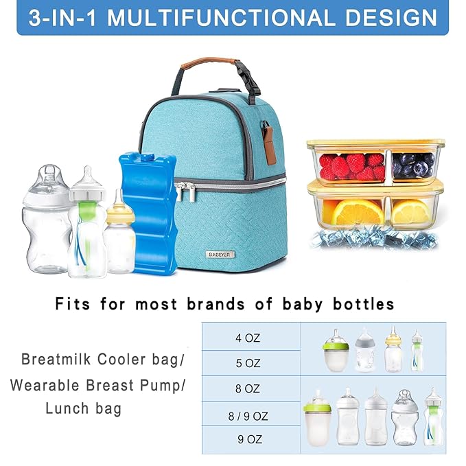 Breastmilk Cooler Bag with Ice Pack Fits 6 Baby Bottles up to 9 Ounce, Breast Milk Pump Cooler Bag with Shoulder Strap for Nursing Mom Daycare, Work, Travel- Lake Green