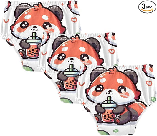 Bolaz Toddler Training Pants, Cute Red Panda with Bubble Tea Cartoon Cotton Potty Training Underwear for Baby Boy Girl 3-Pack