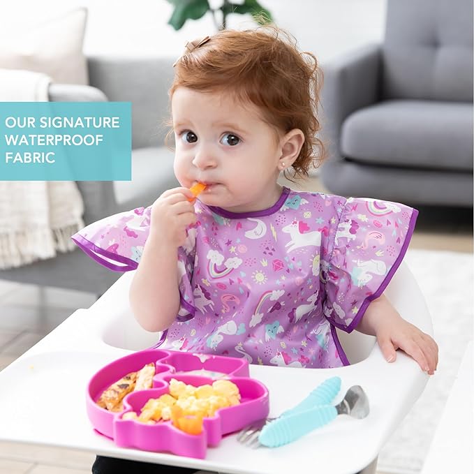 Bumkins Ruffle Apron Bib and 2-pack Sandwich Bags, Waterproof Fabric, Unicorns & Rainbows