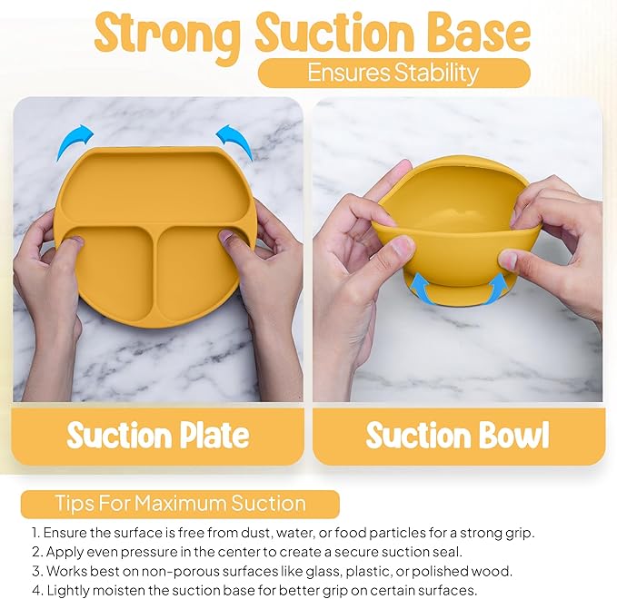 O'doe 17-Piece BPA-Free Silicone Baby Feeding Set | Thick & Soft Suction Plates, Baby Bowls, Wooden Fork & Spoon, and More | Make Mealtime Fun and Easy for Your Little One (Yellow, V2)